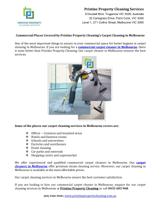 Commercial Places Covered by Pristine Property Cleaning’s Carpet Cleaning in Melbourne