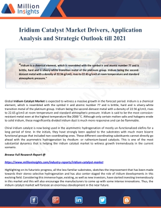 Iridium Catalyst Market Drivers, Application Analysis and Strategic Outlook till 2021