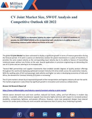 CV Joint Market Size, SWOT Analysis and Competitive Outlook till 2022