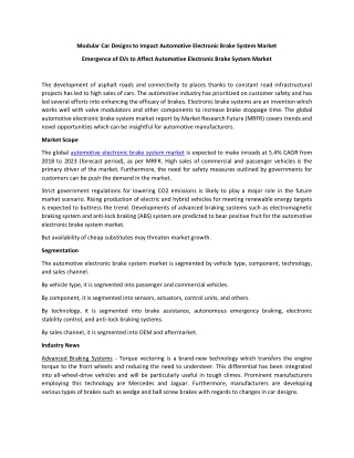 Modular Car Designs to Impact Automotive Electronic Brake System Market