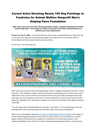 Carmel Artist Donating Nearly 100 Dog Paintings to Fundraise for Animal Welfare Nonprofit Max’s Helping Paws Foundation