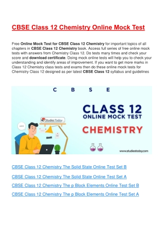 Free Online test for class 12 Chemistry all chapters