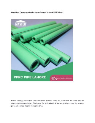 Why More Contractors Advice Home-Owners To Install PPRC Pipes?