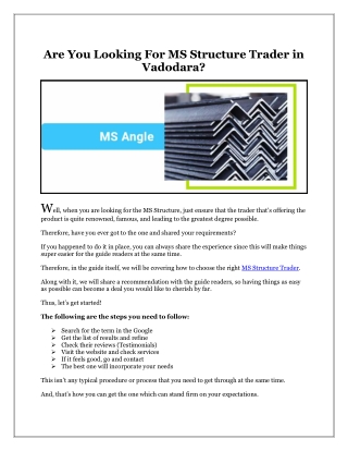 Are You Looking For MS Structure Trader in Vadodara?