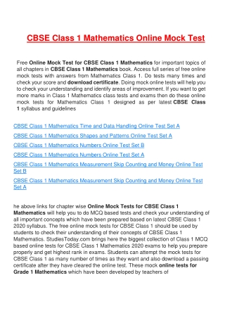 Online mock tests CBSE Class 1 Mathematics