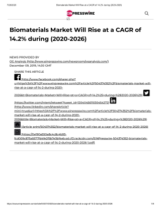 2020 Future of Global Biomaterials Market, Size, Share and Trend Analysis Report to 2026
