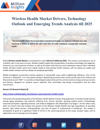 Wireless Health Market Drivers, Technology Outlook and Emerging Trends Analysis till 2025