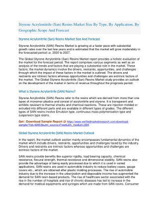 Styrene Acrylonitrile (San) Resins Market Size By Type, By Application, By Geographic Scope And Forecast