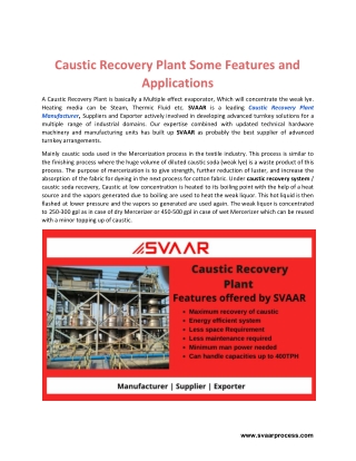 Caustic Recovery Plant Some Features and Applications