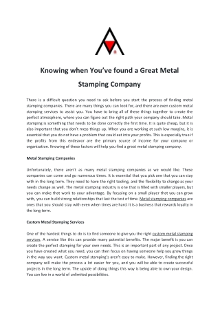 Knowing when You’ve found a Great Metal Stamping Company
