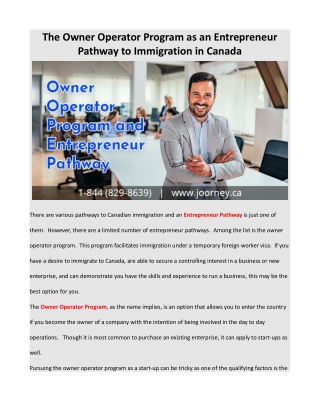 The Owner Operator Program as an Entrepreneur Pathway to Immigration in Canada