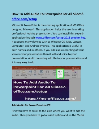 How To Add Audio To Powerpoint For All Slides?-office.com/setup