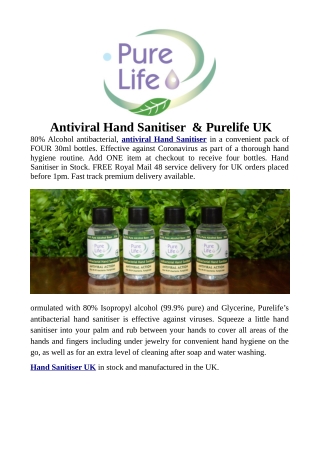 Antiviral Hand Sanitiser & Purelife UK