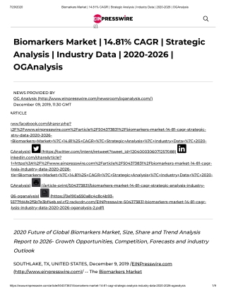 2020 Future of Global Biomarkers Market, Size, Share and Trend Analysis Report to 2026