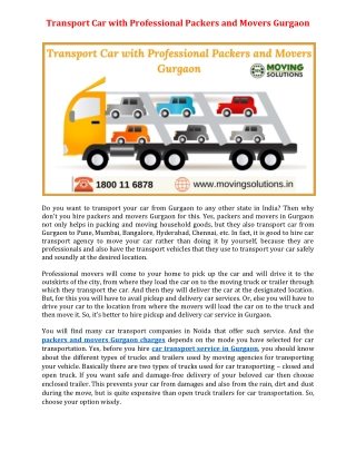 Transport Car with Professional Packers and Movers Gurgaon