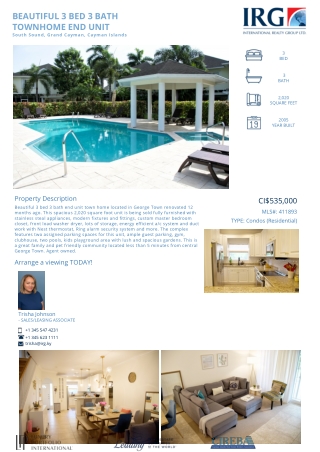 BEAUTIFUL 3 BED 3 BATH TOWNHOME END UNIT, South Sound, Grand Cayman, Cayman Islands