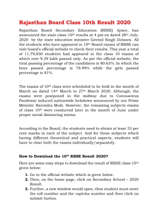 Rajasthan Board Class 10th Result 2020