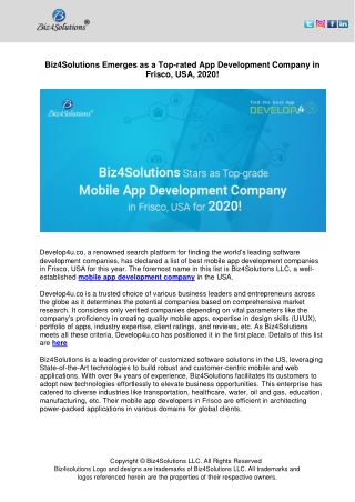 Biz4Solutions Emerges as a Top-rated App Development Company in Frisco, USA, 2020!