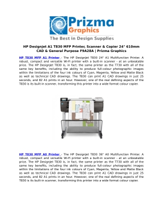 HP Designjet A1 T830 MFP Printer, Scanner & Copier 24" 610mmCAD & General Purpose F9A28A | Prizma Graphics