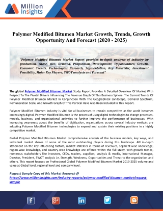 Polymer Modified Bitumen Market 2020 Share, Trend, Global Industry Size, Regional Outlook to 2025