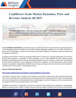 Cauliflower Seeds Market Dynamics, Price and Revenue Analysis till 2023