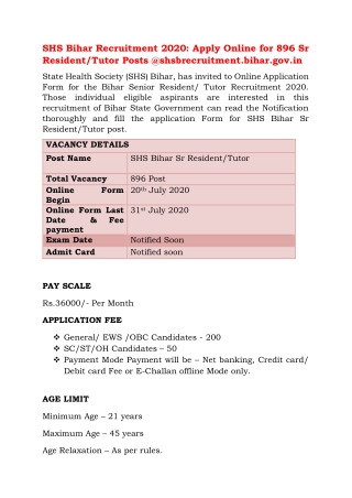SHS Bihar Recruitment 2020: Apply Online for 896 Sr Resident/Tutor Posts @shsbrecruitment.bihar.gov.in