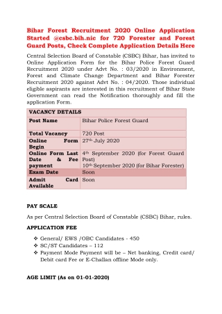 Bihar Forest Recruitment 2020 Online Application Started @csbc.bih.nic for 720 Forester and Forest Guard Posts, Check Co