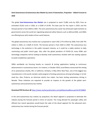 Semi-Autonomous & Autonomous Bus Market by Level of Automation, Propulsion - Global Forecast to 2030