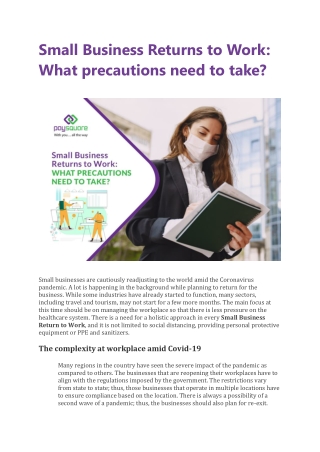 Small Business Returns to Work: What precautions need to take?