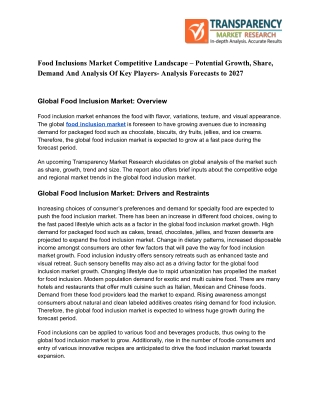 Food Inclusion Market to See a Huge Production Growth & Business Opportunities till 2026