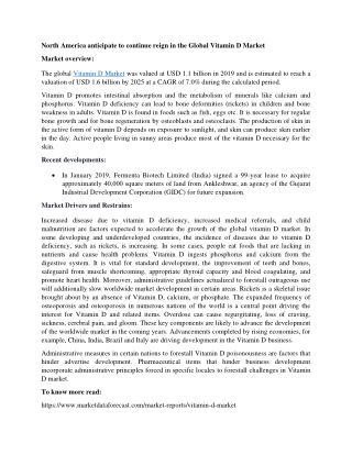 Global Vitamin D Market estimated to develop with a CAGR above 7%