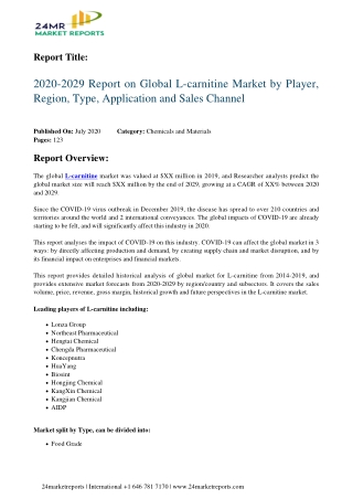 L-carnitine Market by Player, Region, Type, Application and Sales Channel 2020