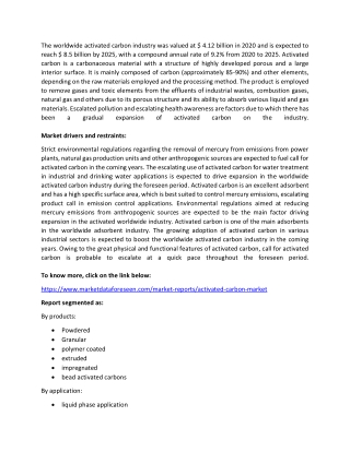 Activated Carbon Market Size, Trends & Forecast to 2025