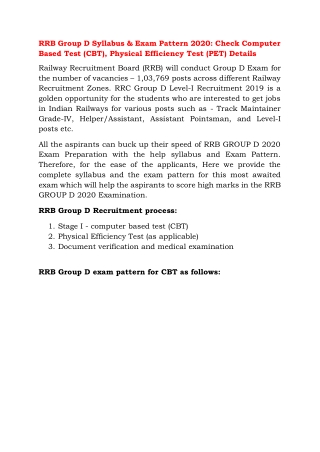 RRB Group D Syllabus & Exam Pattern 2020: Check Computer Based Test (CBT), Physical Efficiency Test (PET) Details