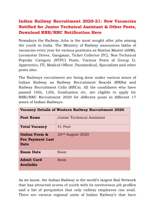 Indian Railway Recruitment 2020-21: New Vacancies Notified for Junior Technical Assistant & Other Posts, Download RRB/RR