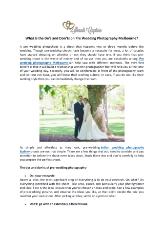 What is the Do's and Don’ts on Pre Wedding Photography Melbourne?