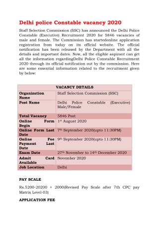 Delhi Police Constable Recruitment 2020 (5846 Vacancy) Online Application Form