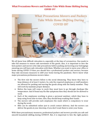 What Precautions Movers and Packers Take While Home Shifting During COVID 19?
