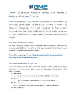 Global Construction Adhesives Market Share, Trends and Analysis - Forecasts 2026