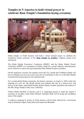 Temples in N America to hold virtual prayer to celebrate Ram Temple's foundation laying ceremony