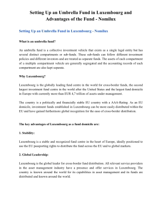 Setting Up an Umbrella Fund in Luxembourg and Advantages of the Fund - Nomilux