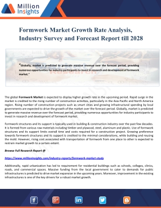 Formwork Market Growth Rate Analysis, Industry Survey and Forecast Report till 2028