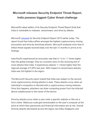 Microsoft releases Security Endpoint Threat Report, India possess biggest Cyber threat challenge