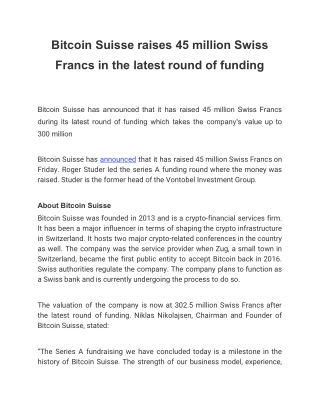 Bitcoin Suisse raises 45 million Swiss Francs in the latest round of funding