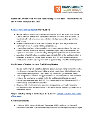 Nuclear Fuel Mining Market Size, Status Report COVID 19 Impact Analysis till 2027