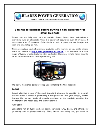 5 things to consider before buying a new generator for small business