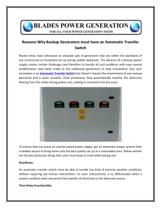 Reasons Why Backup Generators must have an Automatic Transfer Switch