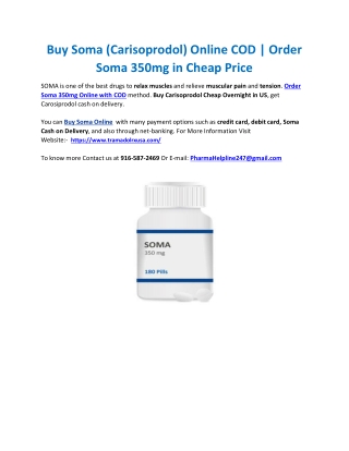 Buy Soma (Carisoprodol) Online COD | Order Soma 350mg in Cheap Price