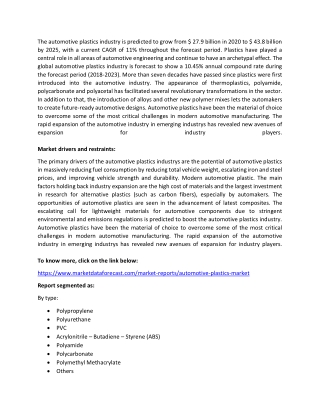 Automotive Plastics Market Analysis Report until 2025