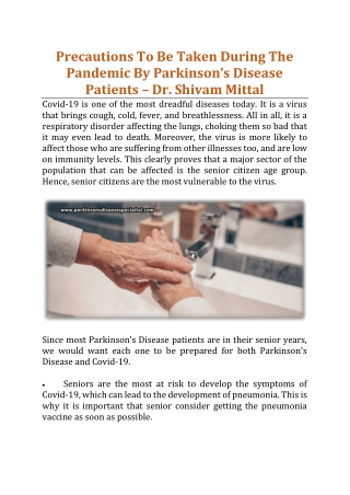 Precautions To Be Taken During The Pandemic By Parkinson’s Disease Patients - Dr. Shivam Mittal